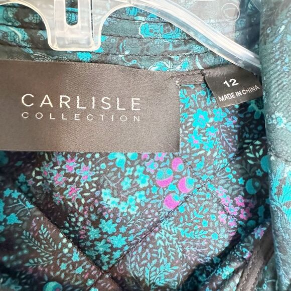 Carlisle Collection Blue Floral Snap Front Collared Silk Quilted Jacket Size 12 - Picture 3 of 9